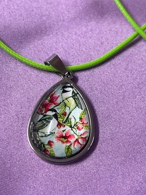 Hand-Painted Bird & Floral 1”Teardrop Pendant Necklace - Green Cord